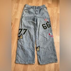 BDG Blue Denim Jeans relaxed fit, y2k vibes, wide legs patch work​​